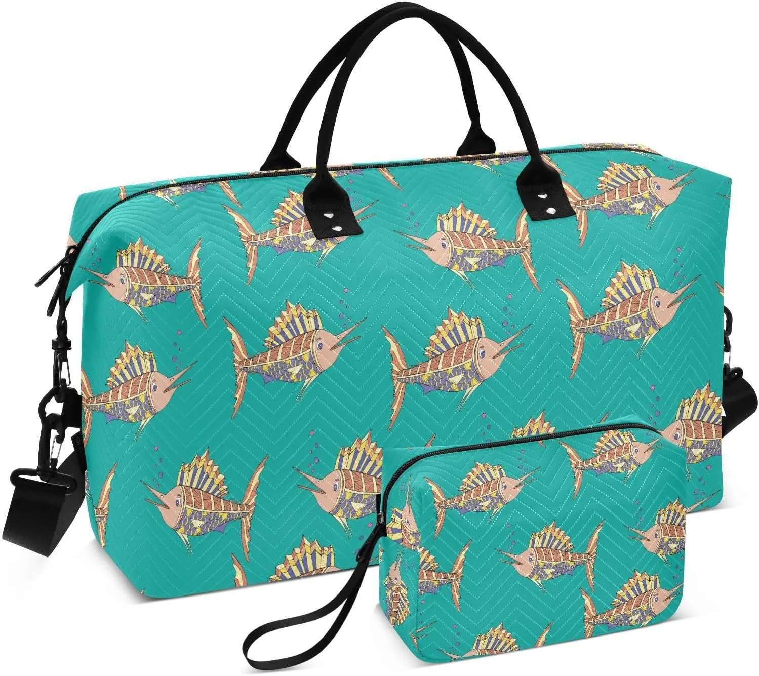 VIGTRO Travel Duffel Bag Weekender Overnight Bag with Toiletry Bag Abstract Swordfish Pattern Printed, Carry On Luggage Bag for Hospital Gym Travel Business, 2 Pcs Set