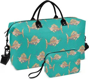 VIGTRO Travel Duffel Bag Weekender Overnight Bag with Toiletry Bag Abstract Swordfish Pattern Printed, Carry On Luggage Bag for Hospital Gym Travel Business, 2 Pcs Set