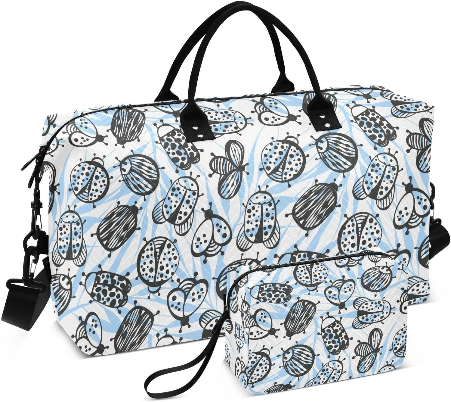 VIGTRO Travel Duffel Bag Weekender Overnight Bag with Toiletry Bag Cartoon Beetles Pattern Printed, Carry On Luggage Bag for Hospital Gym Travel Business, 2 Pcs Set