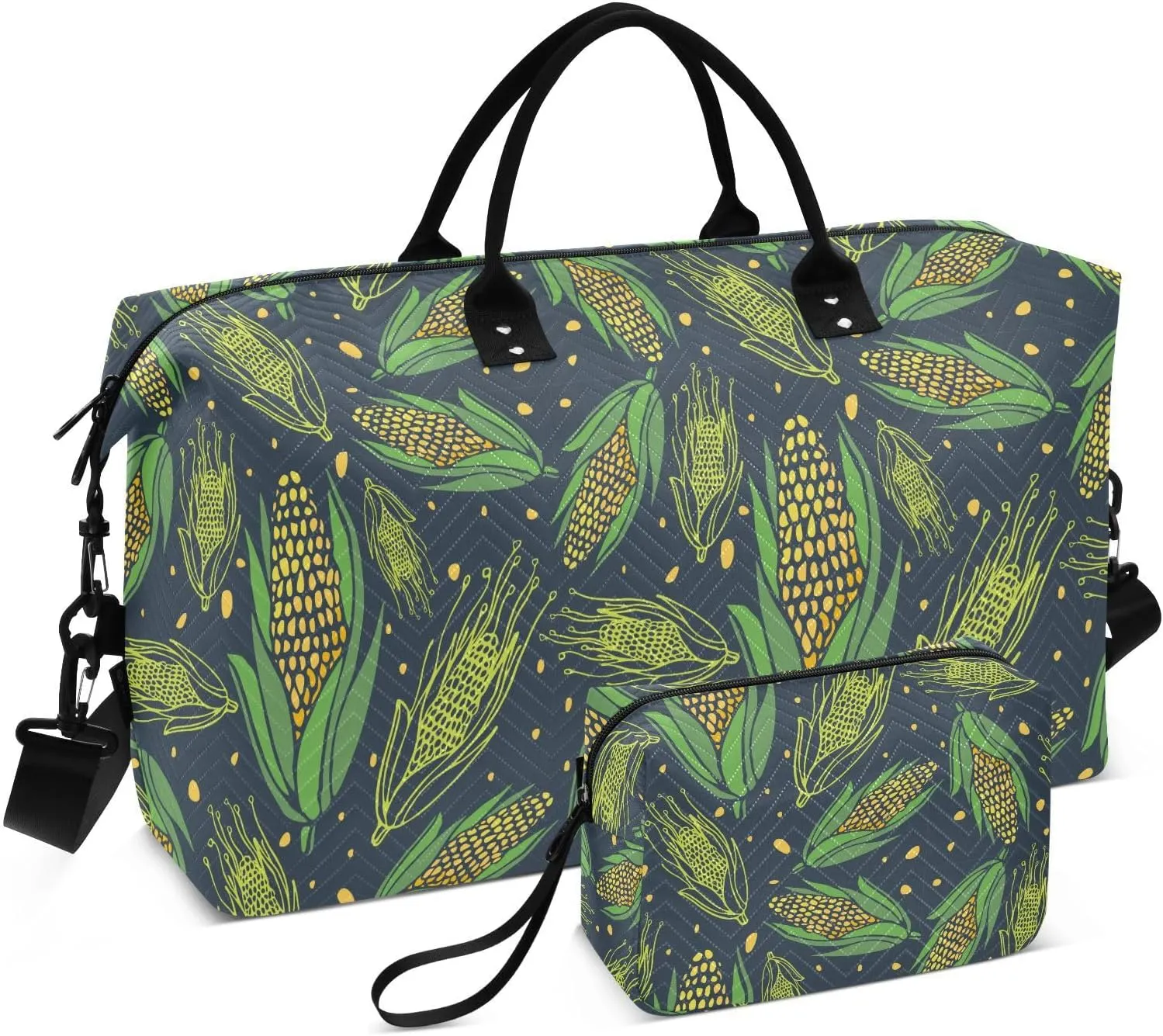 VIGTRO Travel Duffel Bag Weekender Overnight Bag with Toiletry Bag Corn Seamless Pattern Printed, Carry On Luggage Bag for Hospital Gym Travel Business, 2 Pcs Set