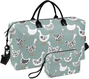 VIGTRO Travel Duffel Bag Weekender Overnight Bag with Toiletry Bag Cute Abstract Cartoon Goose Printed, Carry On Luggage Bag for Hospital Gym Travel Business, 2 Pcs Set