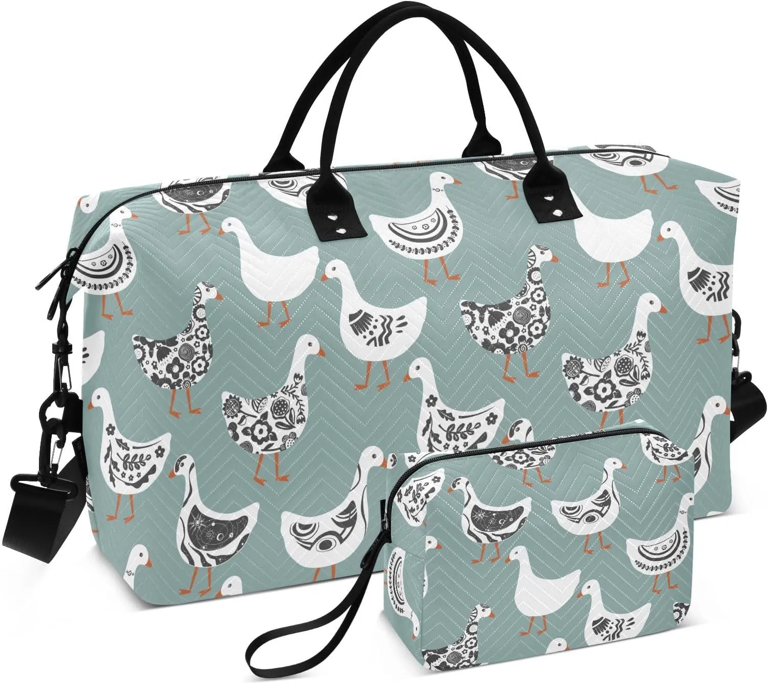 VIGTRO Travel Duffel Bag Weekender Overnight Bag with Toiletry Bag Cute Abstract Cartoon Goose Printed, Carry On Luggage Bag for Hospital Gym Travel Business, 2 Pcs Set