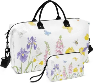 VIGTRO Travel Duffel Bag Weekender Overnight Bag with Toiletry Bag Cute Bunny Spring Printed, Carry On Luggage Bag Bloomy Flourish Garden Butterflies for Hospital Gym Travel Business, 2 Pcs Set
