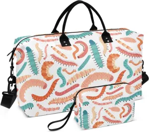 VIGTRO Travel Duffel Bag Weekender Overnight Bag with Toiletry Bag Cute Caterpillars Colorful Printed, Carry On Luggage Bag for Hospital Gym Travel Business, 2 Pcs Set