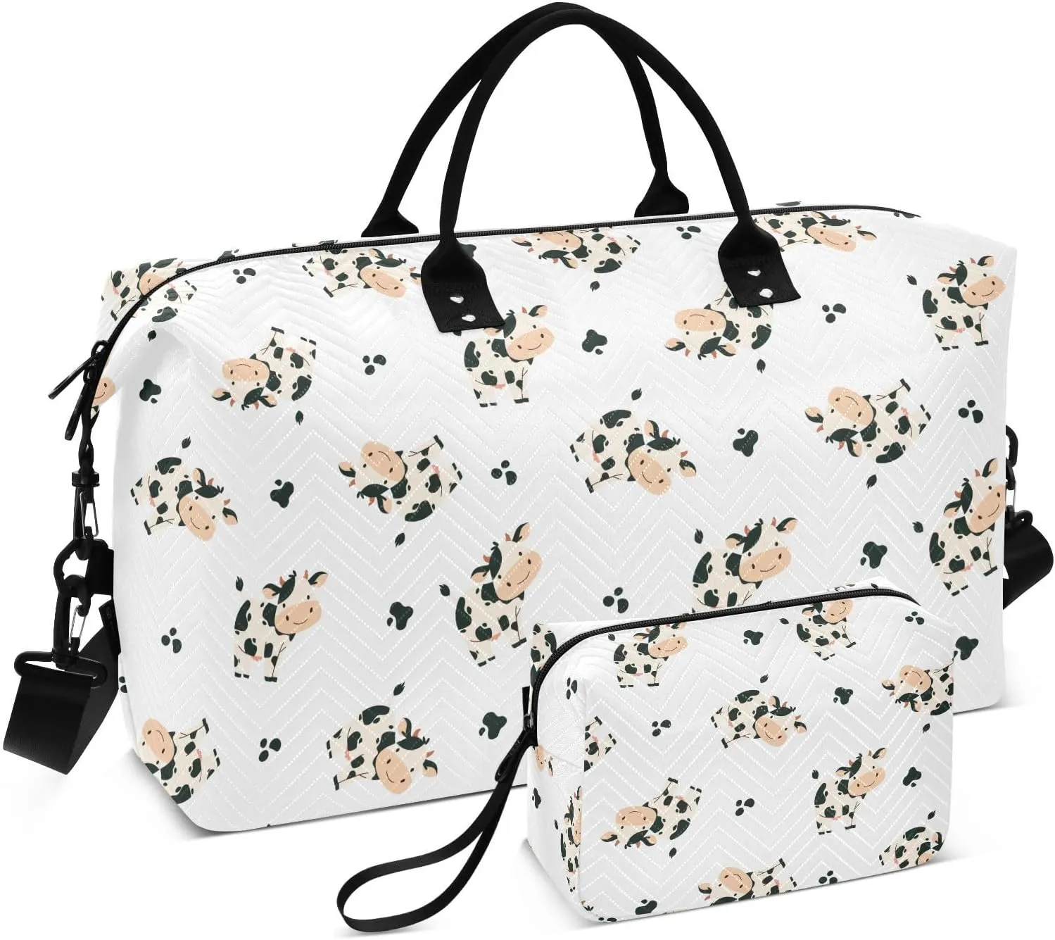 VIGTRO Travel Duffel Bag Weekender Overnight Bag with Toiletry Bag Cute Cow Cartoon Cattle Printed, Carry On Luggage Bag for Hospital Gym Travel Business, 2 Pcs Set
