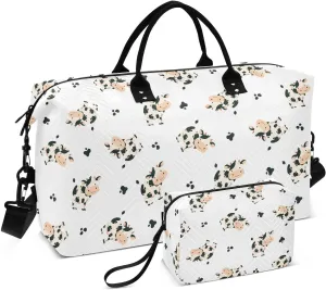 VIGTRO Travel Duffel Bag Weekender Overnight Bag with Toiletry Bag Cute Cow Cartoon Cattle Printed, Carry On Luggage Bag for Hospital Gym Travel Business, 2 Pcs Set