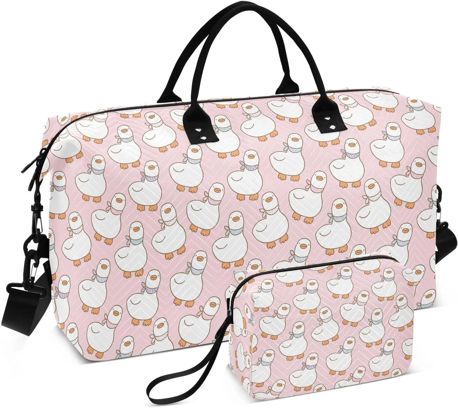 VIGTRO Travel Duffel Bag Weekender Overnight Bag with Toiletry Bag Cute Geese Duck Pattern Printed, Carry On Luggage Bag for Hospital Gym Travel Business, 2 Pcs Set