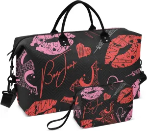 VIGTRO Travel Duffel Bag Weekender Overnight Bag with Toiletry Bag Cute Lips Paris Tower Printed, Carry On Luggage Bag Love Heart for Hospital Gym Travel Business, 2 Pcs Set