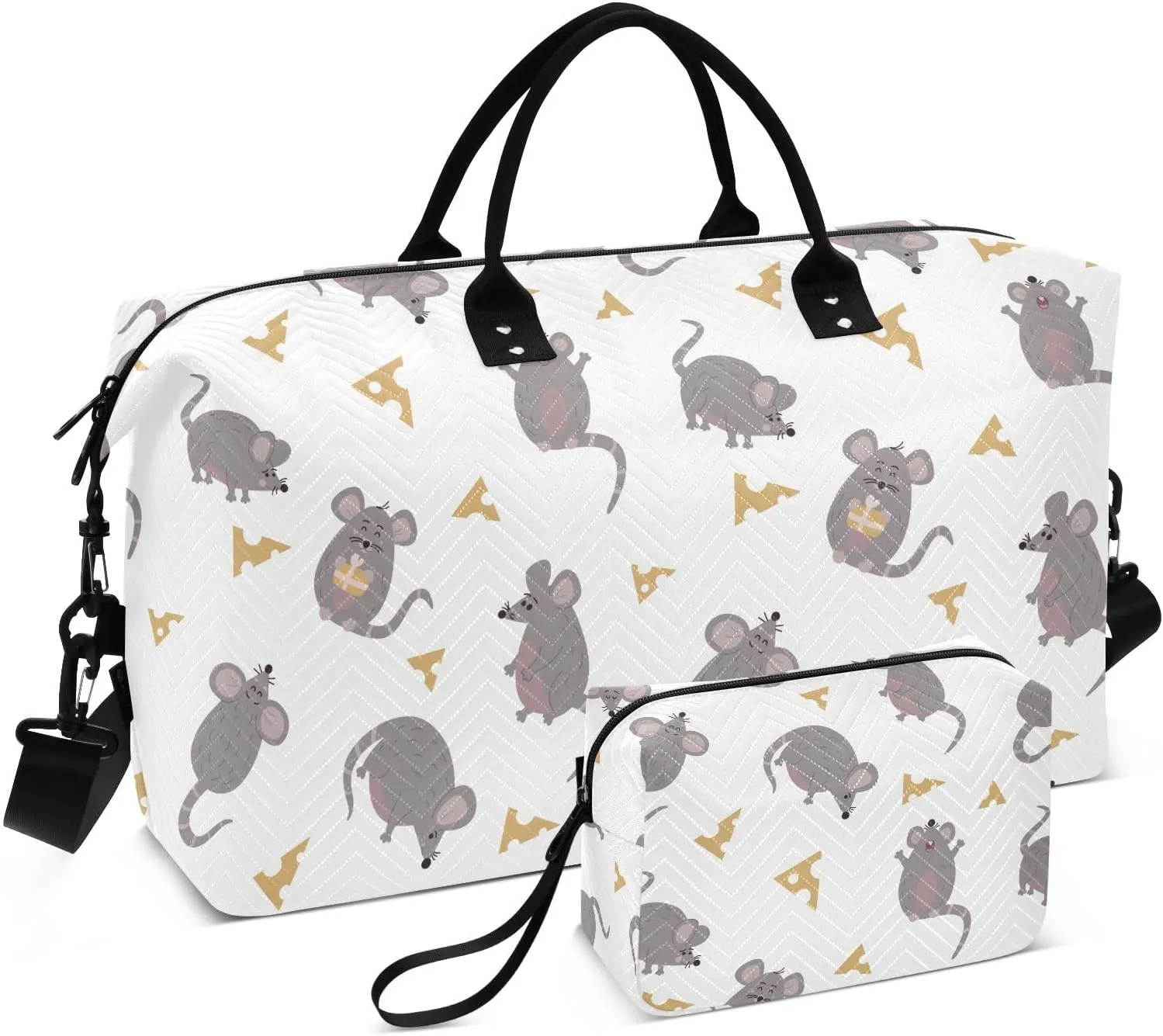 VIGTRO Travel Duffel Bag Weekender Overnight Bag with Toiletry Bag Cute Mouse with Cheese Printed, Carry On Luggage Bag for Hospital Gym Travel Business, 2 Pcs Set