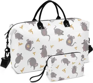 VIGTRO Travel Duffel Bag Weekender Overnight Bag with Toiletry Bag Cute Mouse with Cheese Printed, Carry On Luggage Bag for Hospital Gym Travel Business, 2 Pcs Set