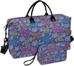 VIGTRO Travel Duffel Bag Weekender Overnight Bag with Toiletry Bag Doodle Sea Fish Crabs Seaweed Printed, Carry On Luggage Bag for Hospital Gym Travel Business, 2 Pcs Set