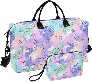 VIGTRO Travel Duffel Bag Weekender Overnight Bag with Toiletry Bag Fashion Tropics Funny Flamingos Printed, Carry On Luggage Bag for Hospital Gym Travel Business, 2 Pcs Set