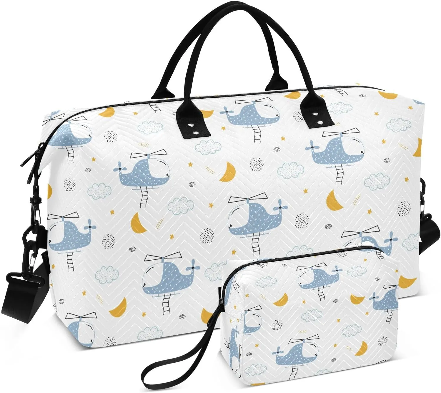 VIGTRO Travel Duffel Bag Weekender Overnight Bag with Toiletry Bag Helicopter Floating Sky Printed, Carry On Luggage Bag for Hospital Gym Travel Business, 2 Pcs Set
