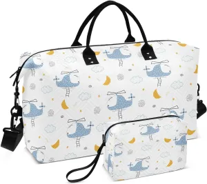 VIGTRO Travel Duffel Bag Weekender Overnight Bag with Toiletry Bag Helicopter Floating Sky Printed, Carry On Luggage Bag for Hospital Gym Travel Business, 2 Pcs Set