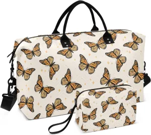 VIGTRO Travel Duffel Bag Weekender Overnight Bag with Toiletry Bag Monarch Butterflies Printed, Carry On Luggage Bag for Hospital Gym Travel Business, 2 Pcs Set