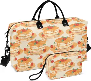 VIGTRO Travel Duffel Bag Weekender Overnight Bag with Toiletry Bag Pancake with Cherry Raspberry and Syrup Printed, Carry On Luggage Bag for Hospital Gym Travel Business, 2 Pcs Set
