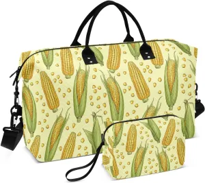 VIGTRO Travel Duffel Bag Weekender Overnight Bag with Toiletry Bag Patterns with Of Corn Printed, Carry On Luggage Bag for Hospital Gym Travel Business, 2 Pcs Set