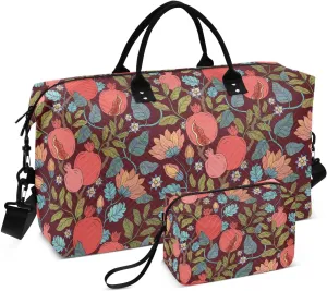 VIGTRO Travel Duffel Bag Weekender Overnight Bag with Toiletry Bag Pomegranate Garnet Leaf and Flowers Printed, Carry On Luggage Bag for Hospital Gym Travel Business, 2 Pcs Set