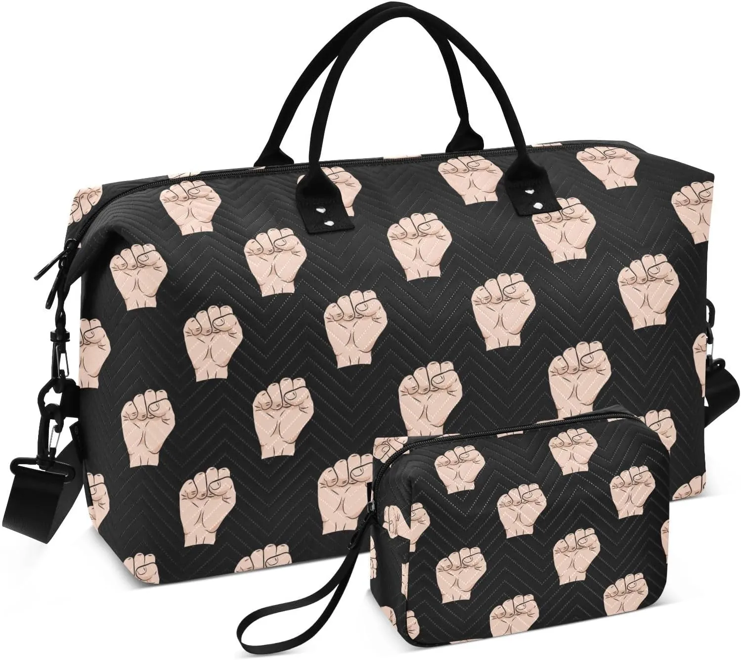 VIGTRO Travel Duffel Bag Weekender Overnight Bag with Toiletry Bag Raised Fists Pattern Printed, Carry On Luggage Bag for Hospital Gym Travel Business, 2 Pcs Set