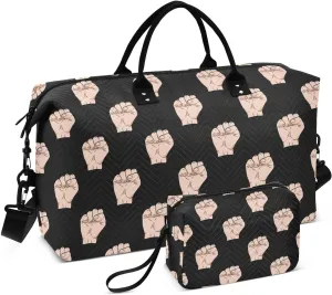 VIGTRO Travel Duffel Bag Weekender Overnight Bag with Toiletry Bag Raised Fists Pattern Printed, Carry On Luggage Bag for Hospital Gym Travel Business, 2 Pcs Set