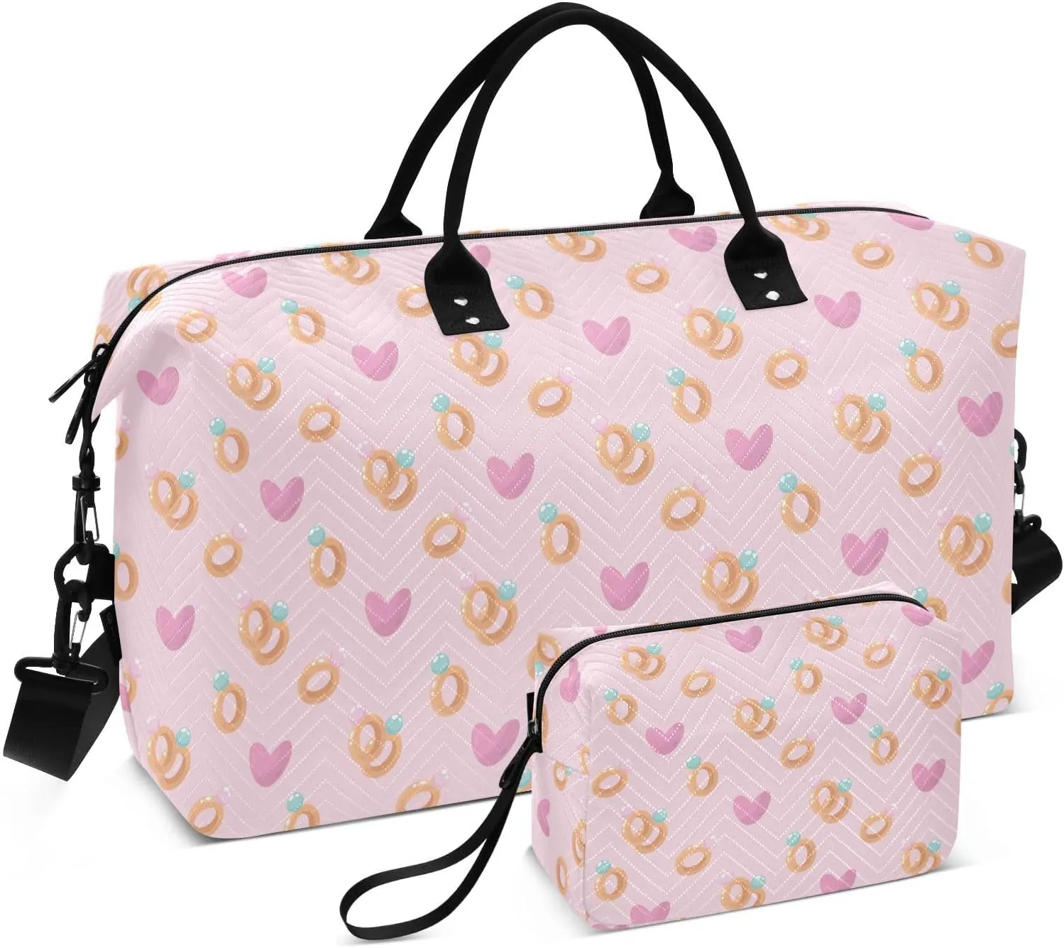 VIGTRO Travel Duffel Bag Weekender Overnight Bag with Toiletry Bag Seamless Rings and Heart Pattern Printed, Carry On Luggage Bag for Hospital Gym Travel Business, 2 Pcs Set