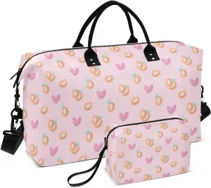 VIGTRO Travel Duffel Bag Weekender Overnight Bag with Toiletry Bag Seamless Rings and Heart Pattern Printed, Carry On Luggage Bag for Hospital Gym Travel Business, 2 Pcs Set