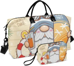 VIGTRO Travel Duffel Bag Weekender Overnight Bag with Toiletry Bag Summer Cute Gnome Printed, Carry On Luggage Bag Surfboard Orange Juice for Hospital Gym Travel Business, 2 Pcs Set