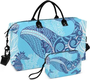 VIGTRO Travel Duffel Bag Weekender Overnight Bag with Toiletry Bag Whale Jellyfishes Turtle Printed, Carry On Luggage Bag Sea Animals for Hospital Gym Travel Business, 2 Pcs Set