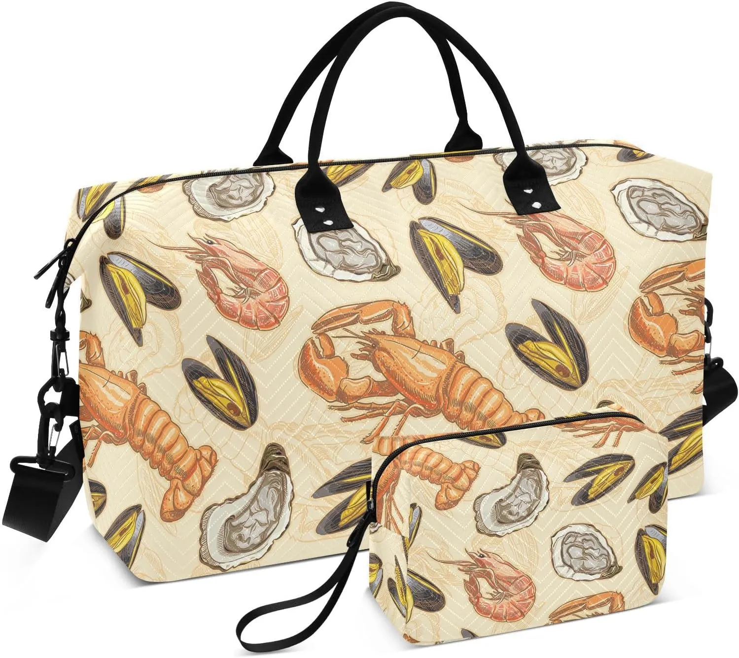 VIGTRO Travel Duffel Bag Weekender Overnight Bag with Toiletry Bag Yummy Seafood Printed, Carry On Luggage Bag Delicious Food for Hospital Gym Travel Business, 2 Pcs Set