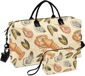 VIGTRO Travel Duffel Bag Weekender Overnight Bag with Toiletry Bag Yummy Seafood Printed, Carry On Luggage Bag Delicious Food for Hospital Gym Travel Business, 2 Pcs Set