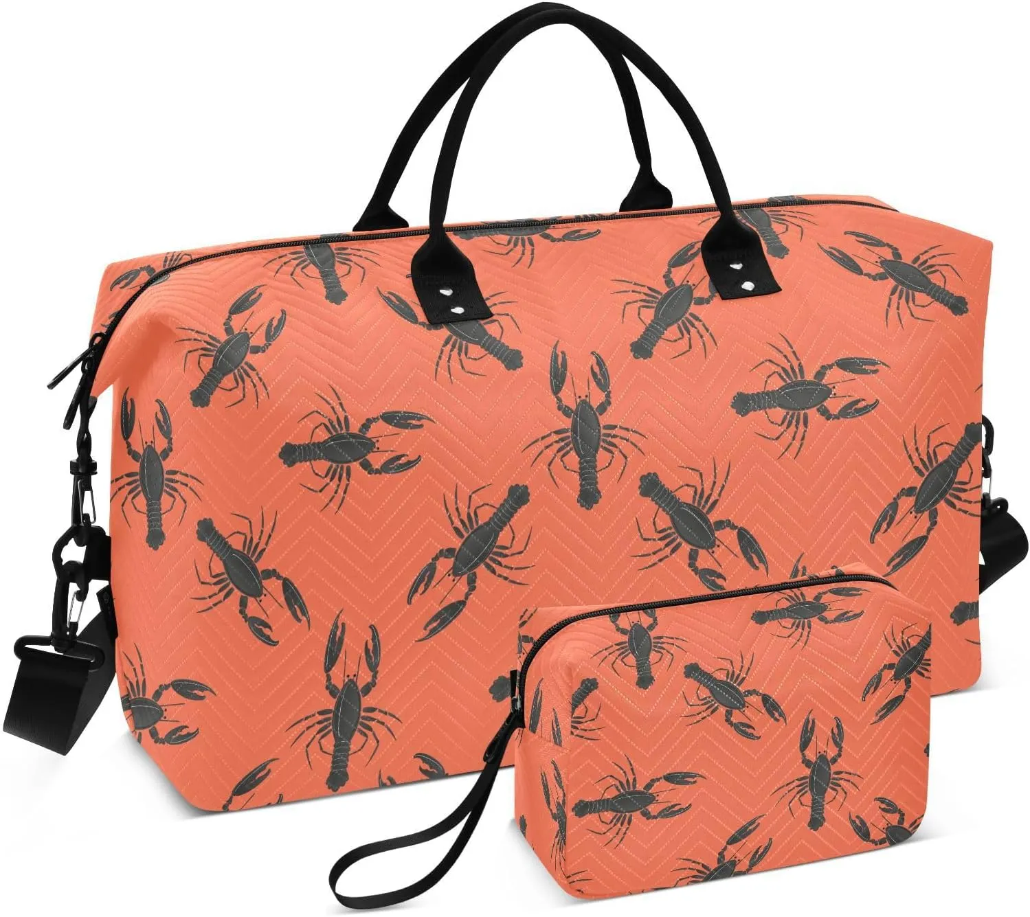 VIGTRO Weekender Bag Travel Duffle Bag for Women Men Crayfish Pattern Printed, Overnight Bag for Gym Work with Toiletry Bag, Red Background 2 PCS Set