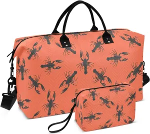 VIGTRO Weekender Bag Travel Duffle Bag for Women Men Crayfish Pattern Printed, Overnight Bag for Gym Work with Toiletry Bag, Red Background 2 PCS Set