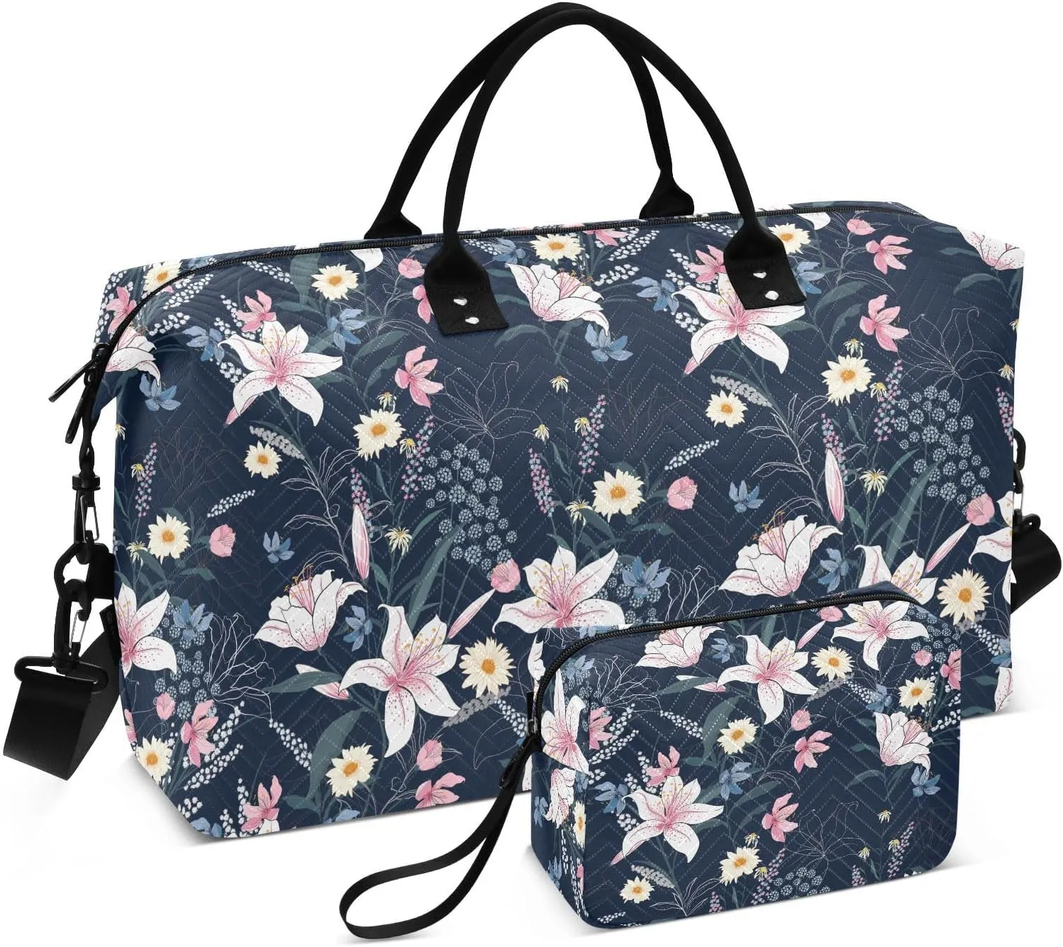 VIGTRO Weekender Bag Travel Duffle Bag for Women Men Tropic Flower Plant Printed, Overnight Bag for Gym Work with Toiletry Bag, Summer Floral 2 PCS Set