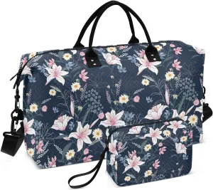 VIGTRO Weekender Bag Travel Duffle Bag for Women Men Tropic Flower Plant Printed, Overnight Bag for Gym Work with Toiletry Bag, Summer Floral 2 PCS Set