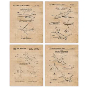 Vintage Airplane Aircraft Patent Prints, 4 (8x10) Unframed Photos, Wall Art Decor Gift for Home Boeing Work Office Man Cave School College Student Teacher Coach NASA Pilot Aviation Engineer Champ