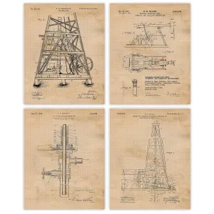 Vintage Oil Rig Equipments Patent Prints, 4 (8x10) Unframed Photos, Wall Art Decor Gift for Home Work Office Crude Drilling Machine Gears Garage Shop School Student Teacher Texas Cowboys Farmers