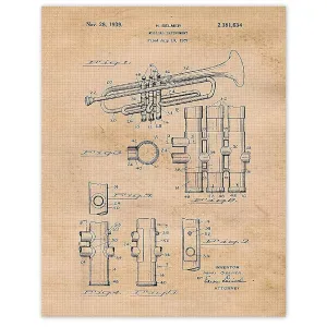 Vintage Trumpet Instruments Patent Prints, 1 (11x14) Unframed Photos, Wall Art Decor Gift for Home Office Work Studio School Garage Band College Student Teacher Coach Classic Rock Jazz Orchestra