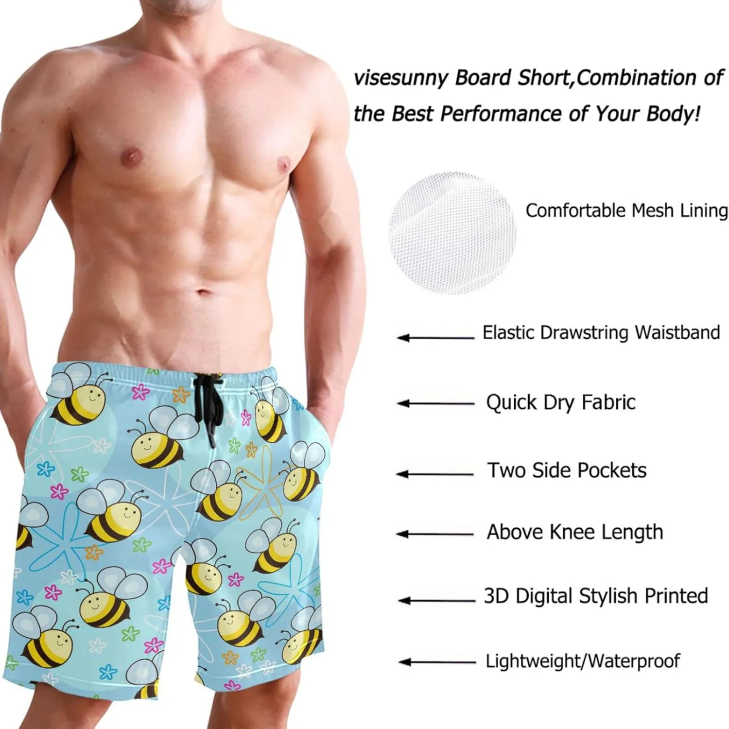visesunny Cool Mens Novelty Swim Trunks Quick Dry Summer Board Beach Shorts with Mesh Lining and Pockets