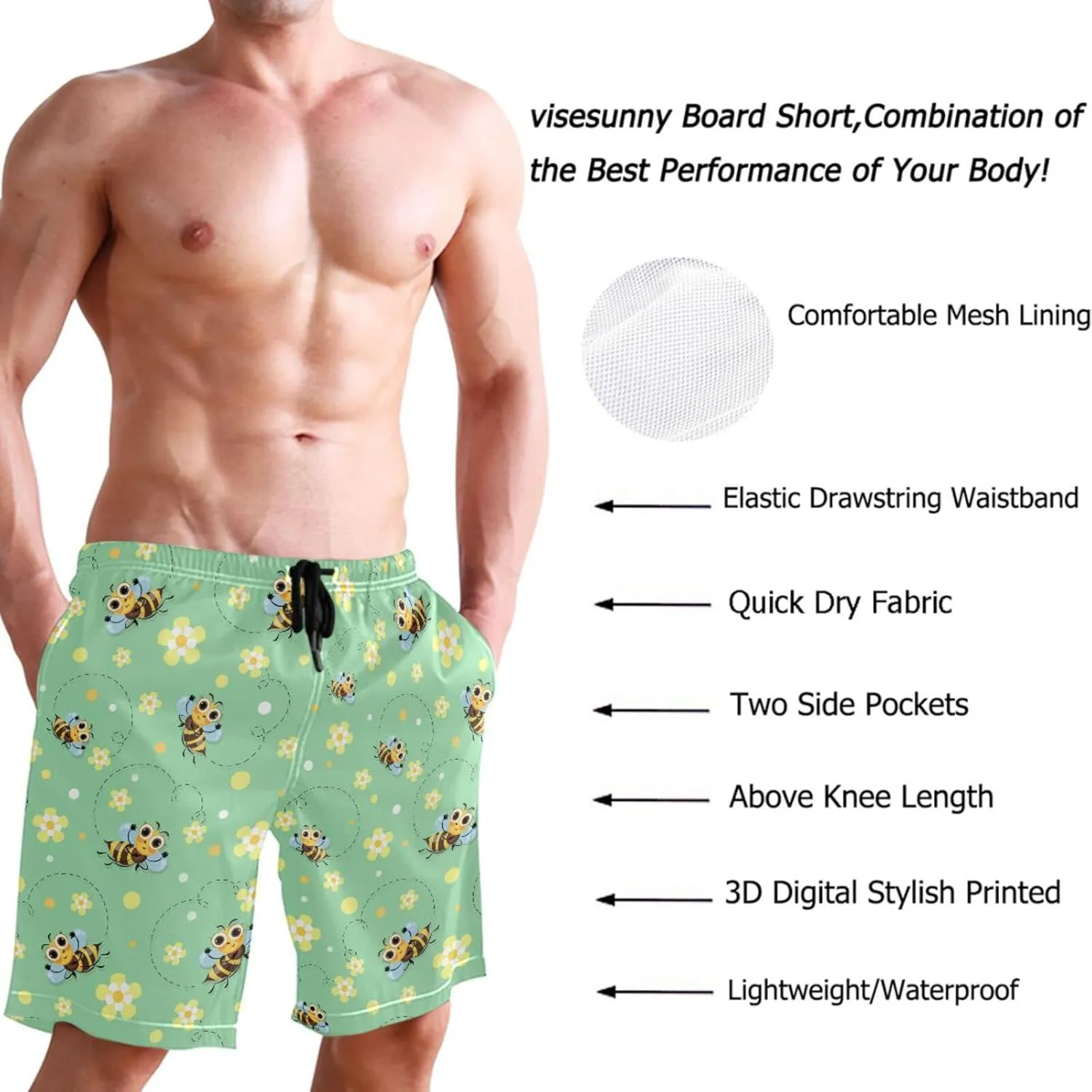 visesunny Cool Mens Novelty Swim Trunks Quick Dry Summer Board Beach Shorts with Mesh Lining and Pockets