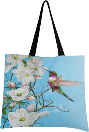 visesunny Women Extra Large Tote Bag White Apple Tree In Bloom Hummingbird Shoulder Bags Ladies Beach Travel Reusable Grocery Shopping Portable Storage Handbag