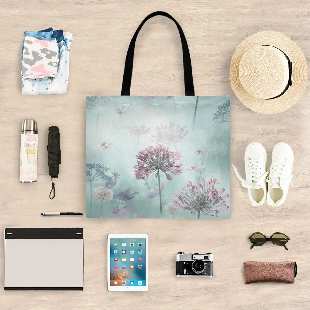 visesunny Women's Large Canvas Tote Shoulder Bag Spring Meadow Floral Top Storage Handle Shopping Bag Casual Reusable Tote Bag for Beach,Travel,Groceries,Books