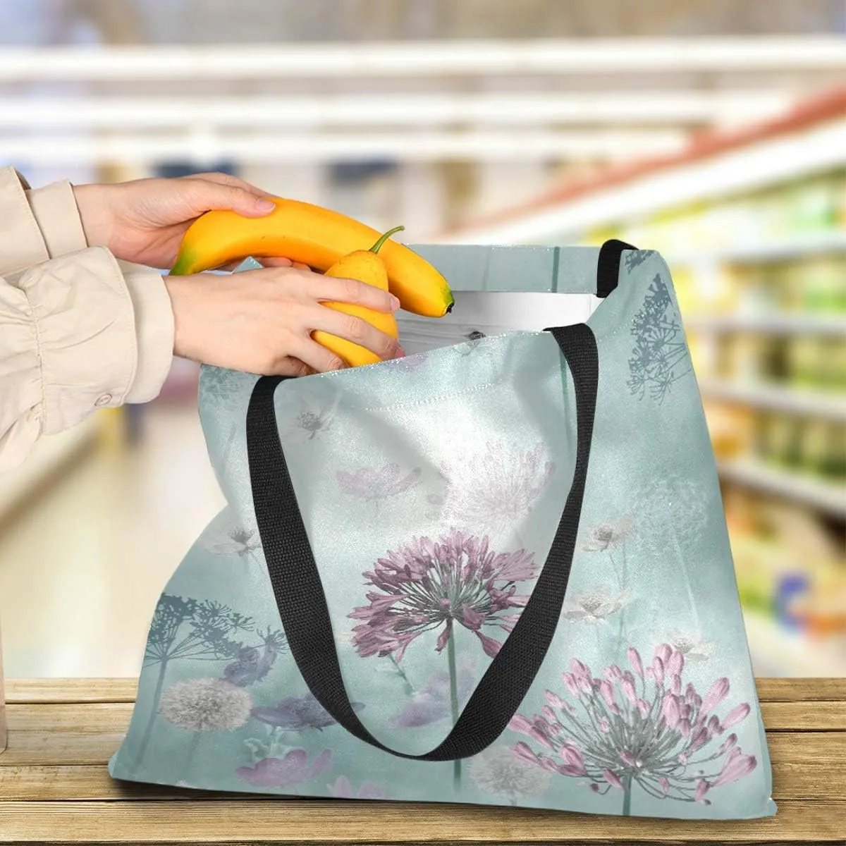 visesunny Women's Large Canvas Tote Shoulder Bag Spring Meadow Floral Top Storage Handle Shopping Bag Casual Reusable Tote Bag for Beach,Travel,Groceries,Books