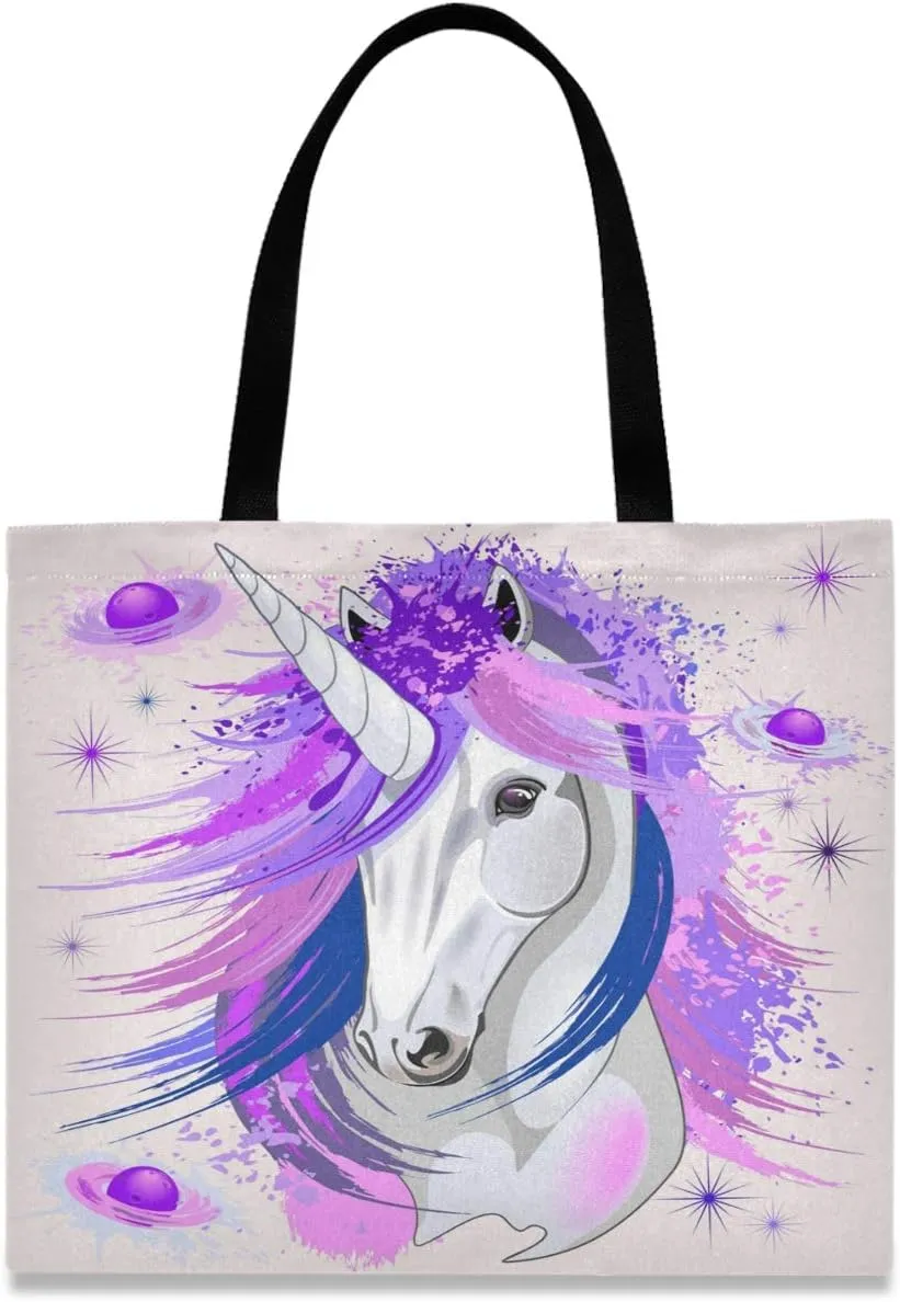 visesunny Women's Large Canvas Tote Shoulder Bag Unicorn Spirit Pink And Purple Ultraviolet Mythical Creature Top Storage Handle Shopping Bag Casual Reusable Tote Bag for Beach,Travel,Groceries,Books