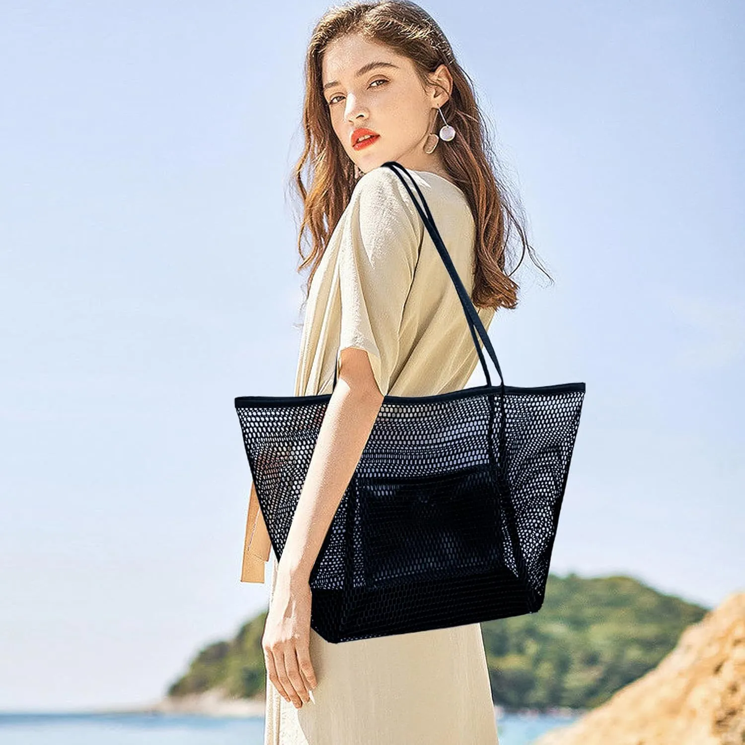VKIOIP Women Mesh Tote Beach Bag,Shoulder Bag for Vacation，Picnic