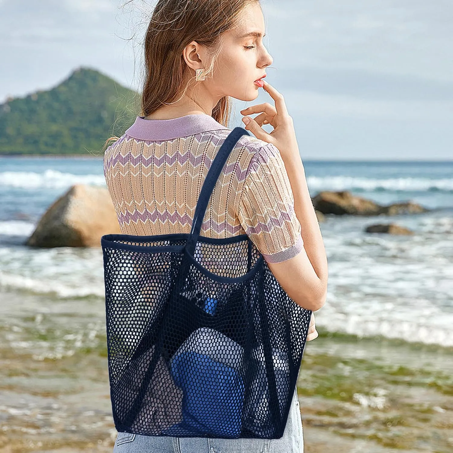 VKIOIP Women Mesh Tote Beach Bag,Shoulder Bag for Vacation，Picnic