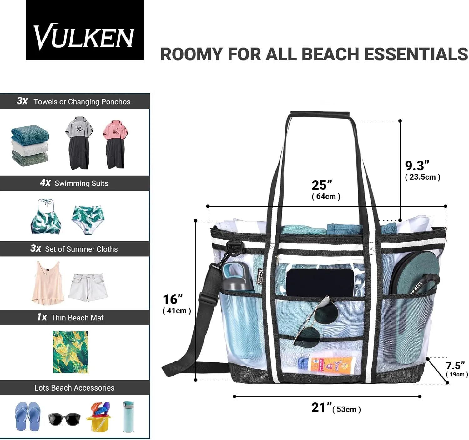 Vulken 42L Extra Large Mesh Beach Bag. 9 Pockets Top Zip Tote Bag Shoulder Bag