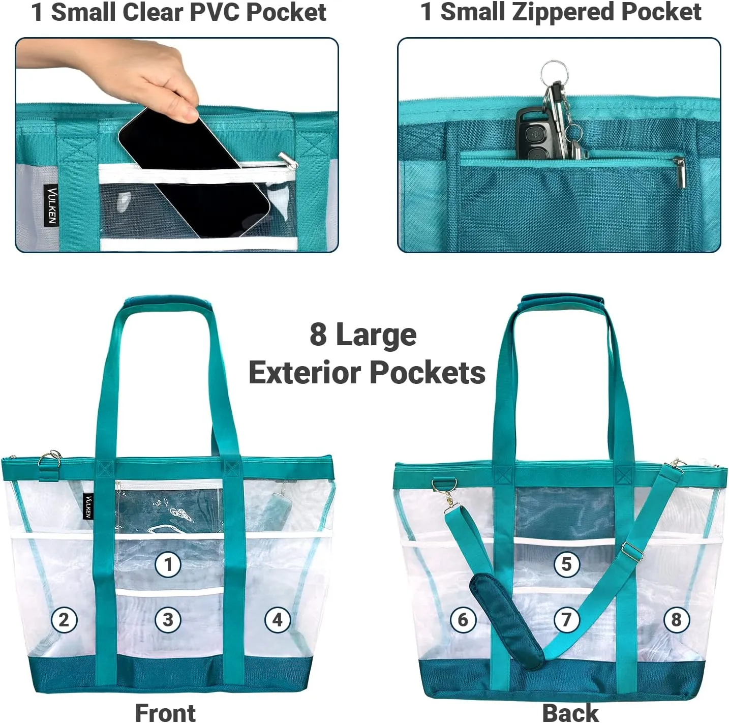 Vulken 42L Extra Large Mesh Beach Bag. 9 Pockets Top Zip Tote Bag Shoulder Bag