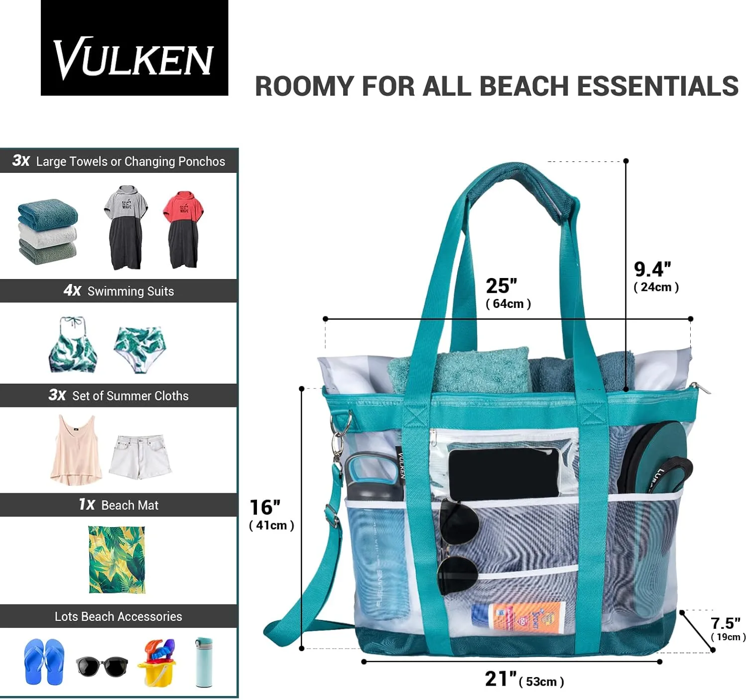 Vulken 42L Extra Large Mesh Beach Bag. 9 Pockets Top Zip Tote Bag Shoulder Bag