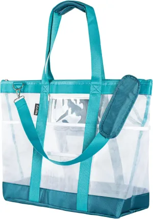 Vulken 42L Extra Large Mesh Beach Bag. 9 Pockets Top Zip Tote Bag Shoulder Bag