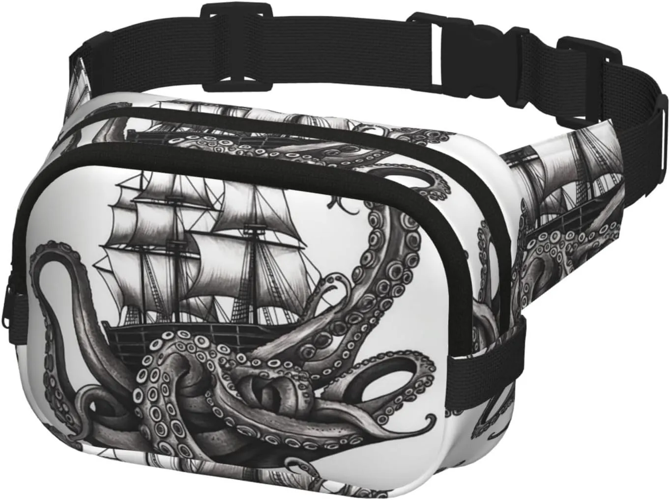 Waist Pack for Men Women Crossbody Belt Bag Black and White Octopus and Ship Waist Bag Travel Fanny Pack Bum Bags